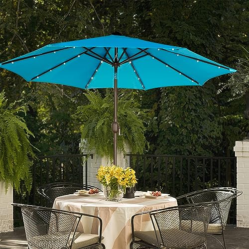 Image of Blissun 9 ft Solar Umbrella, 32 LED Lighted Patio Umbrella, Table Market Umbrella, Outdoor Umbrella for Garden, Deck, Backyard, Pool and Beach (Light Blue)
