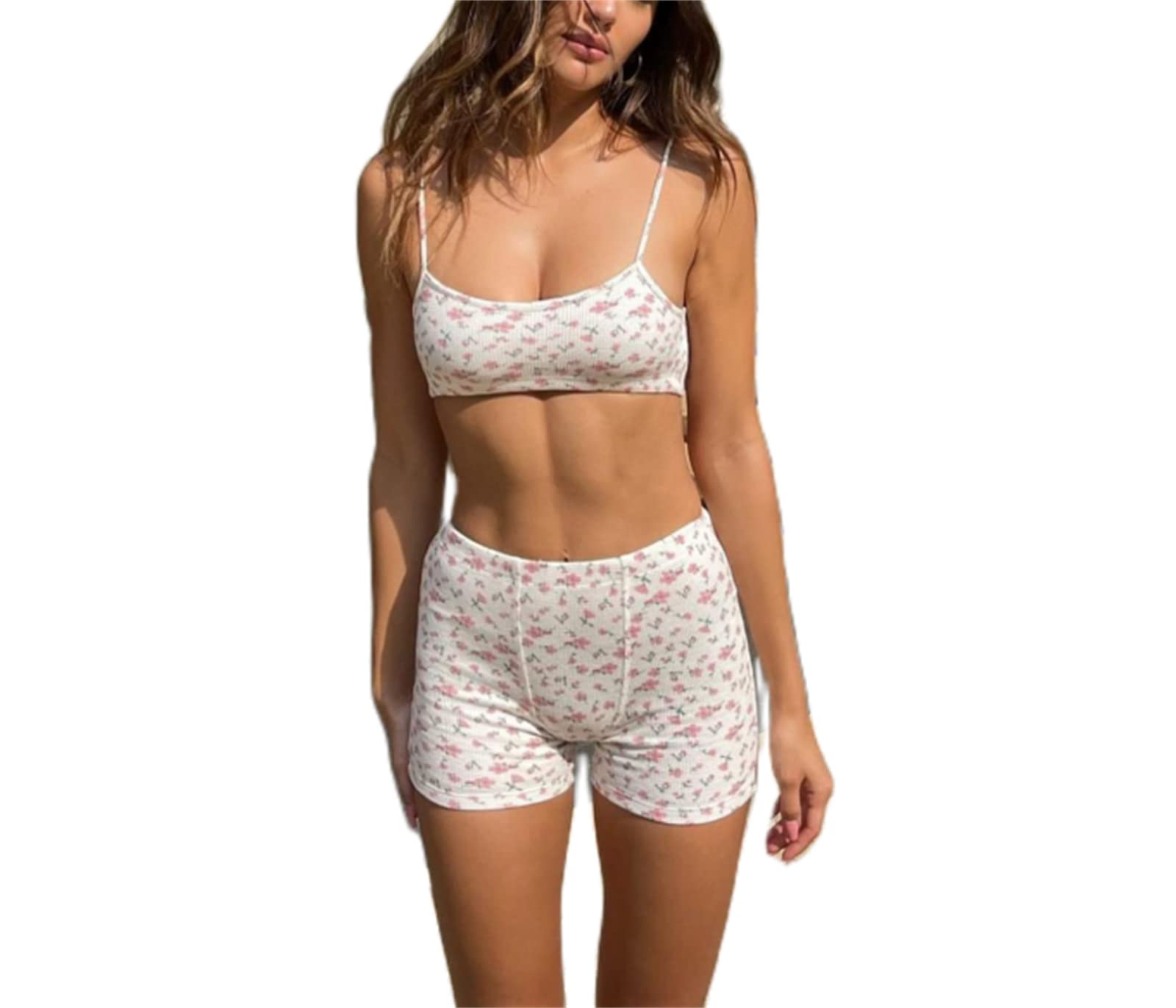 YuemengxuanWomen Two Pieces Knitted Shorts Set Printing Strap Crop Top Cami Tops High Waist Shorts Outfits Party Streetwear