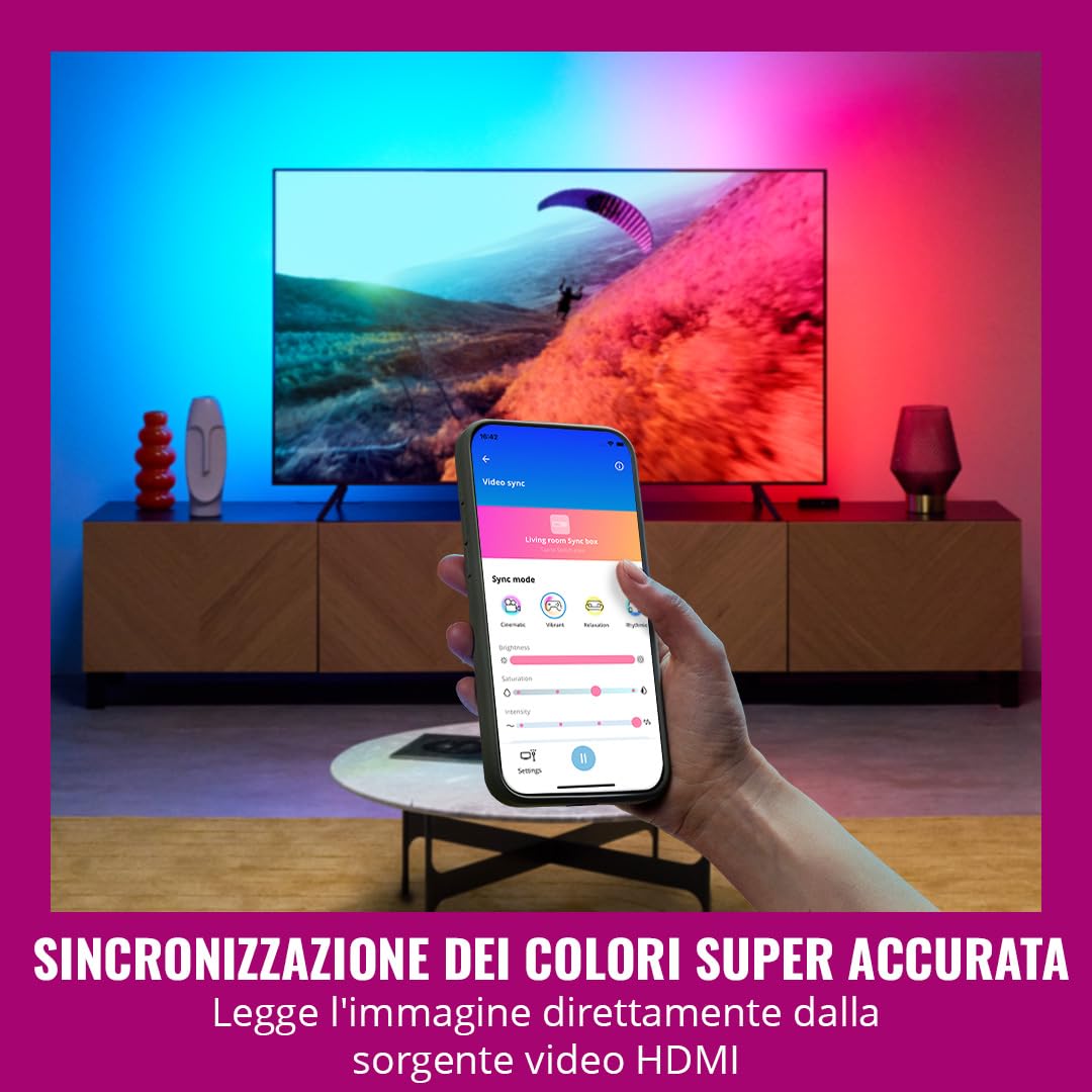 WiZ HDMI Sync Box con retroilluminazione TV, sincronizza la luce con film, giochi e musica, HDMI 2.0, Striscia LED RGBIC per TV da 75-85 pollici, controllo con App, compatibile con Google e Alexa