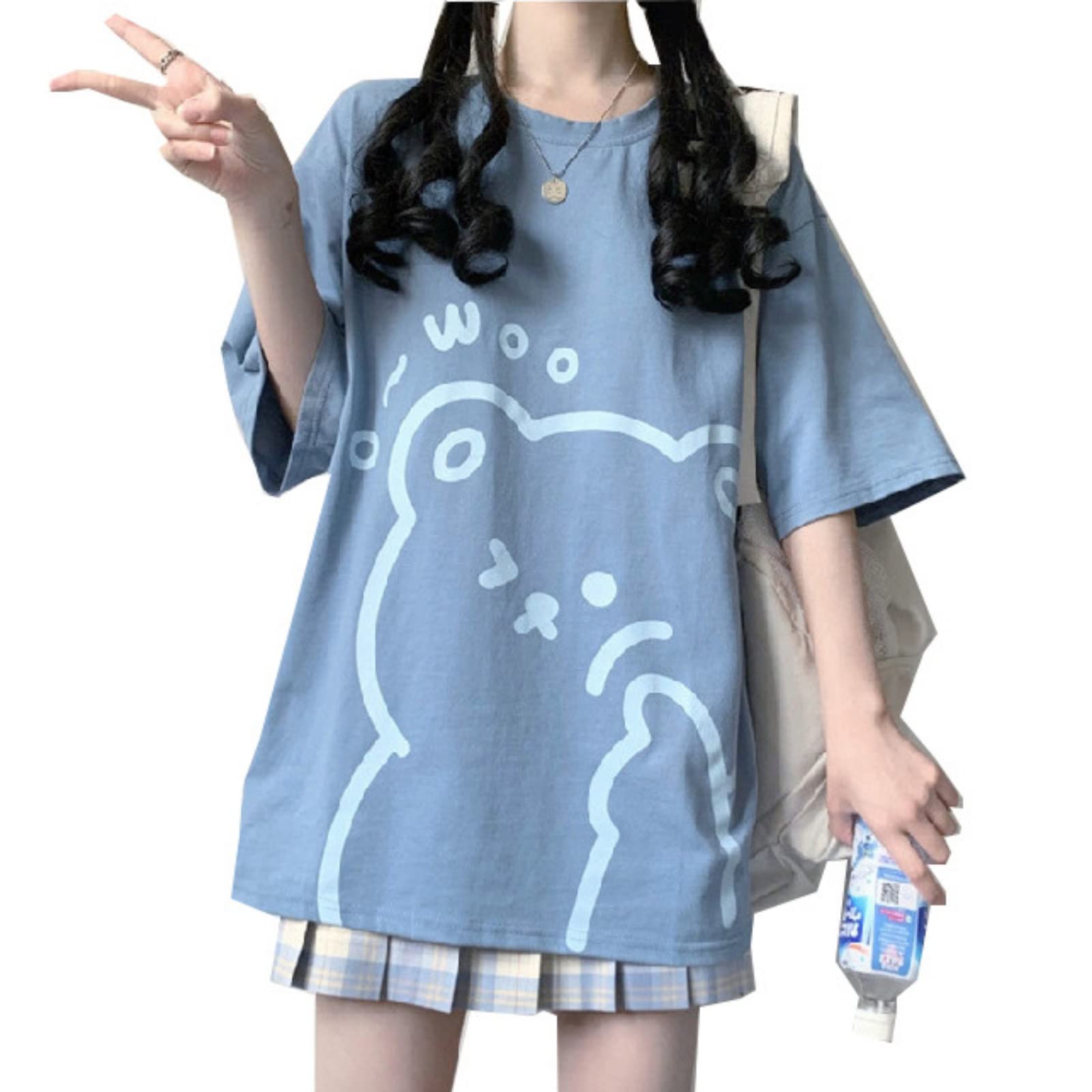 HNERUEWomen Kawaii Bear T-Shirt Cute Japanese Anime Graphic Tees Cartoon Korean Preppy Short Sleeve Baggy Top Oversized Clothes