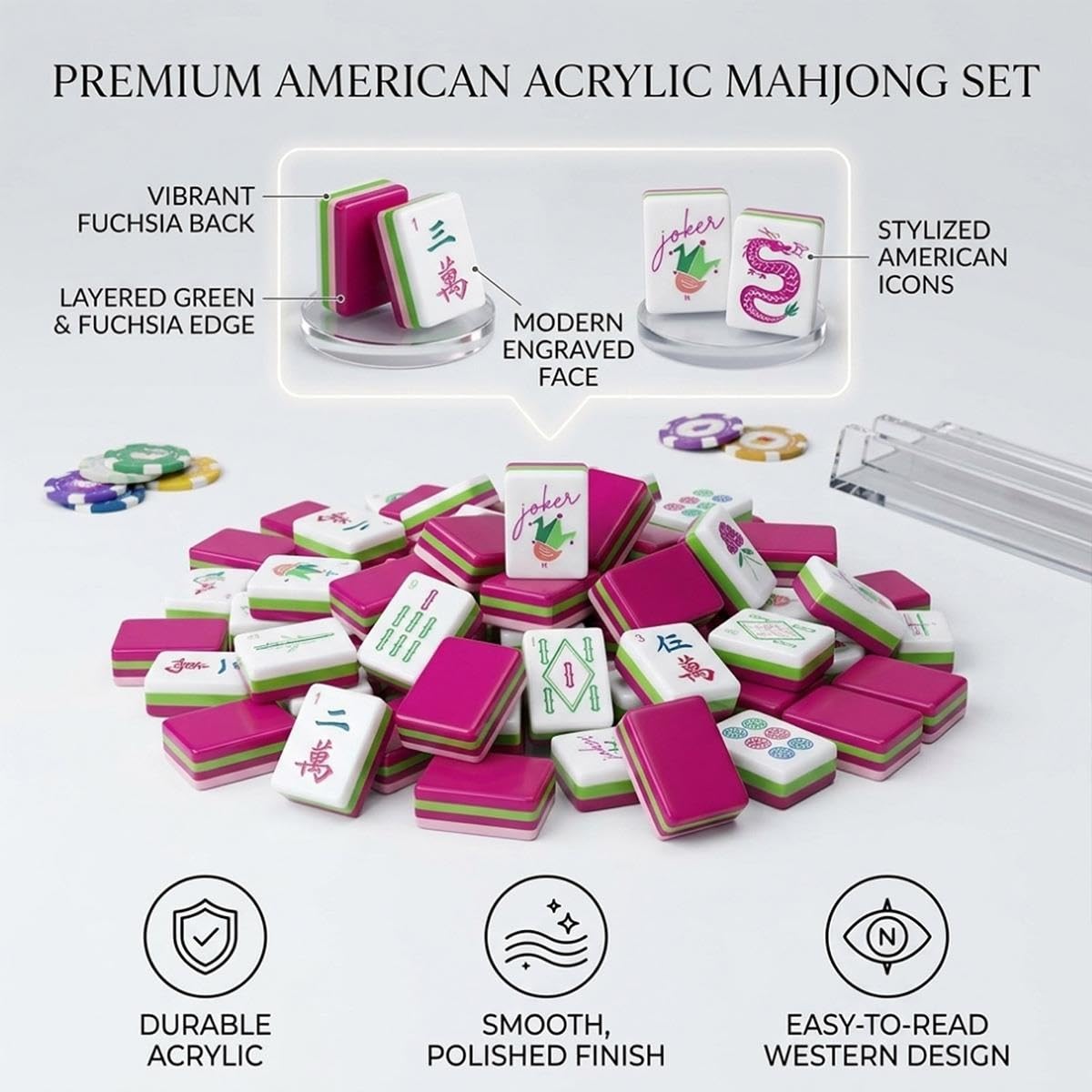 Juego de Mahjong Americano 160 Fichas de Acrílico Grabadas con Dados