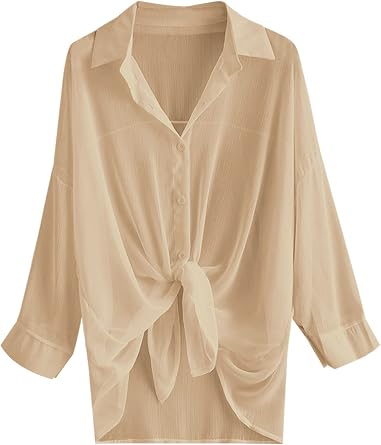 ZAFUL Womens Long Sleeve Beach Shirt Blouses Bathing Suit Cover Up Button Down Collar 2-Light Coffee1, One Size