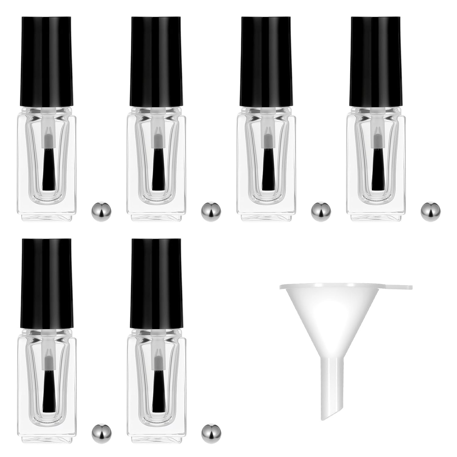 6Pcs 5ml Empty Nail Polish Bottles with Brush Small Nail Polish Glass Bottles Rectangle Fingernail Polishs Bottle with Brush Cap Funnel and Mixing Ball Nails Art Samples (5g)