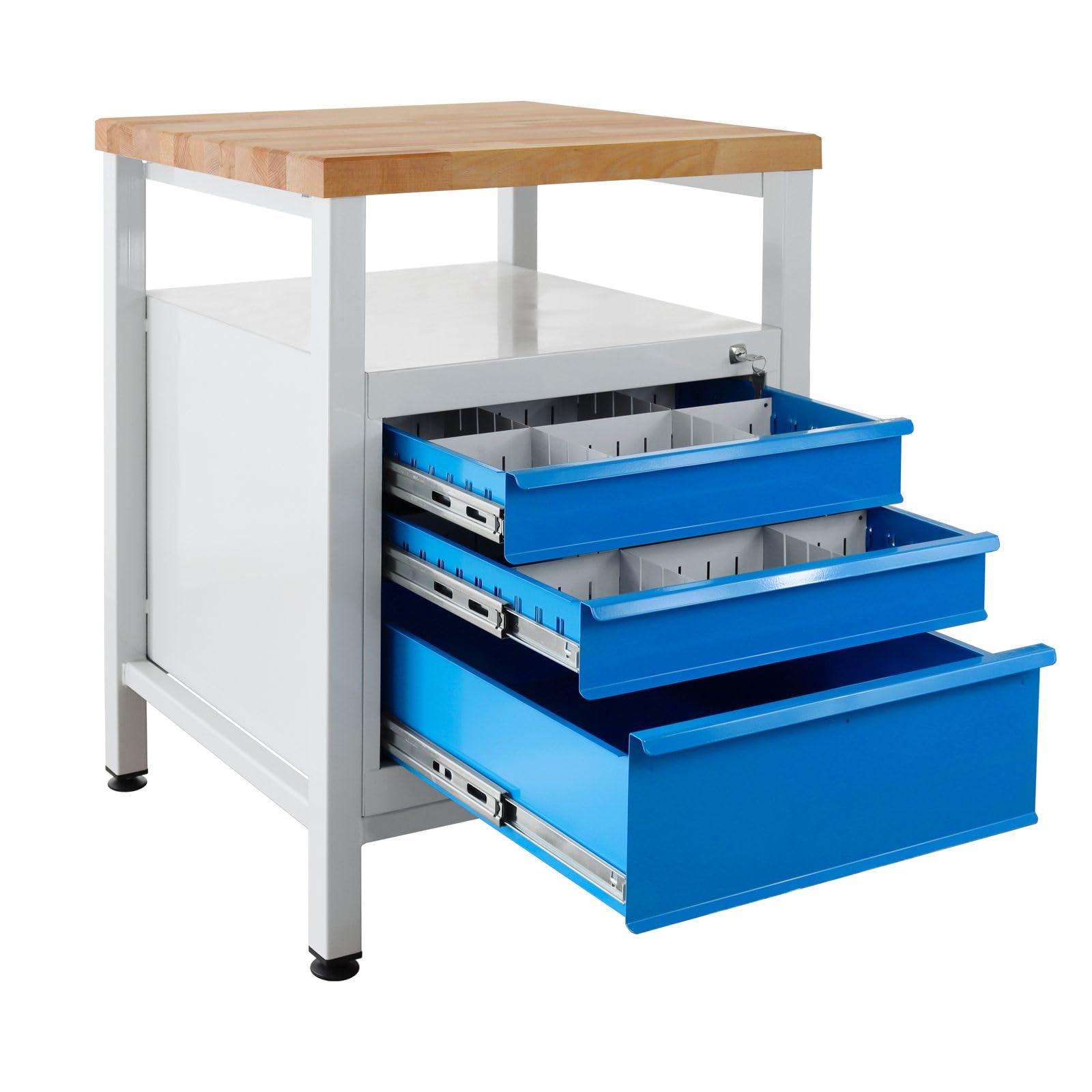 ADB Werkbank/Werktisch, 600x600x840 mm, mit 3 Schubladen, RAL 7035/5012, mit Stabiler Arbeitsplatte Buche massiv riegelartig verleimt, geölt, 30 mm