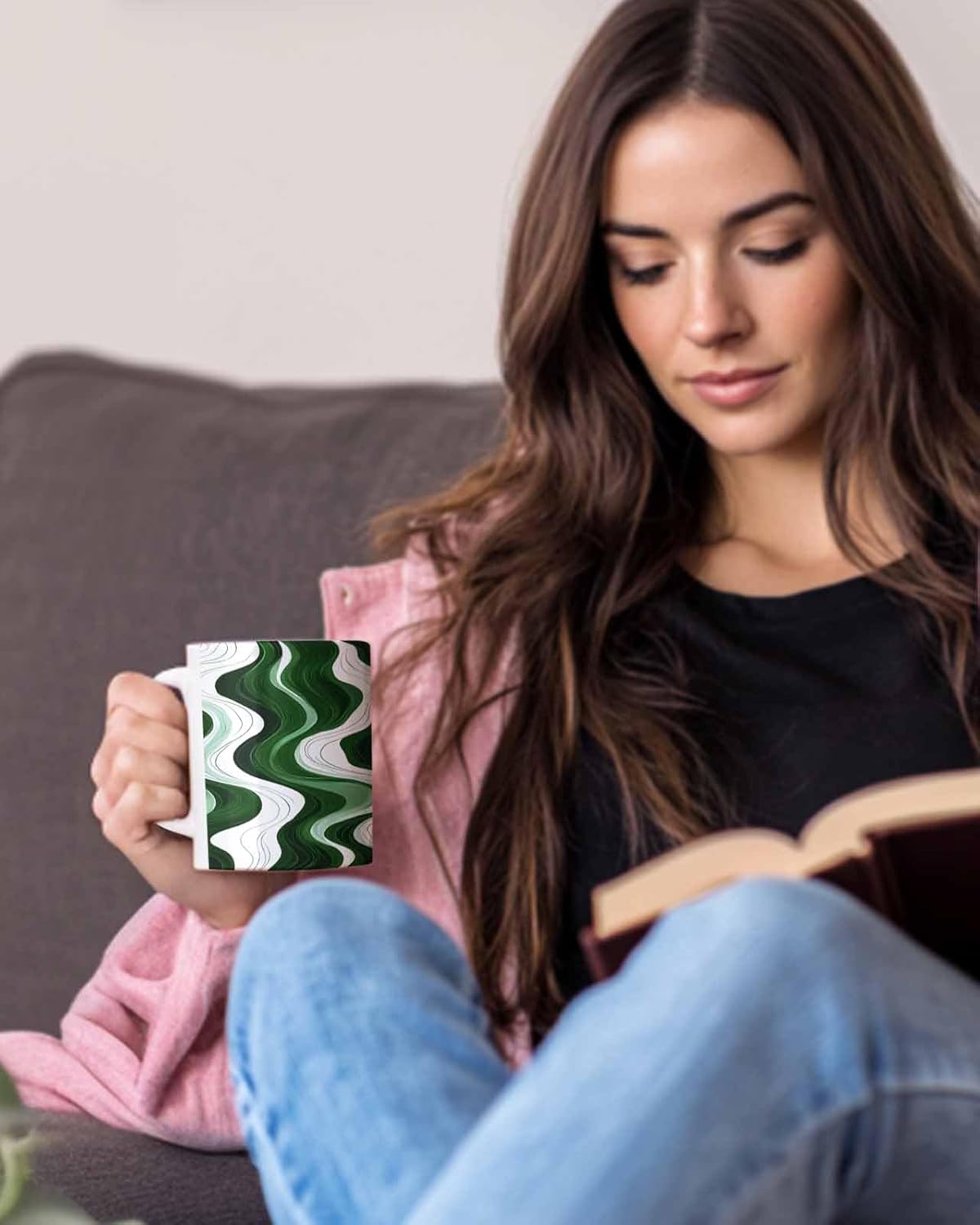 BEMIGO Ceramic Coffee Mug Abstract Wave Texture Ceramic Mug White Cup, Green White Insulated Coffee Cup with Handle with Pattern Perfect for Tea and Hot Beverages, 12oz