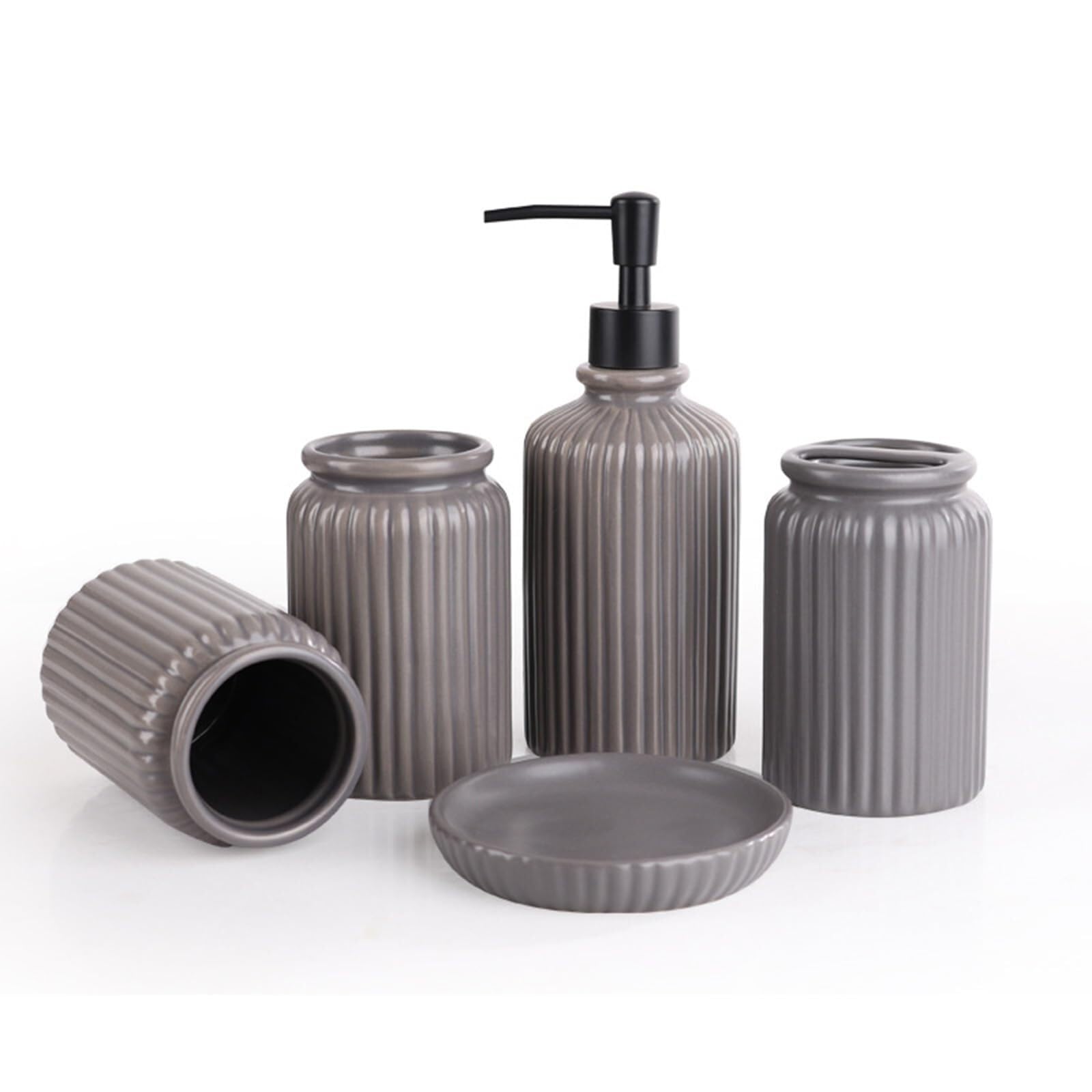 Badezimmer-Sets, Zubehör, Keramik-Seifenspender-Set, 4-teilig, schwarz, Badezimmer-Sets oder Organizer, Zahnputzbecher, Geschirrzubehör, viktorianisches Dekor (grau)