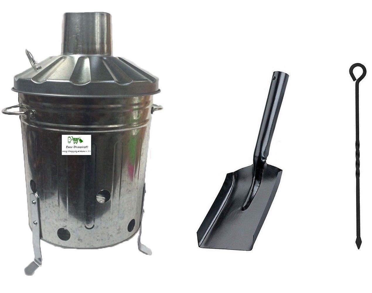 Easyshopping Silver Small Medium Large 15L 60L 90L Litre Metal Galvanised Garden Incinerator Fire Bin Burning Leaves Paper Wood Rubbish Dustbin Shovel And Poker Made In U. K. (15L Inc With Shovel&Poker)
