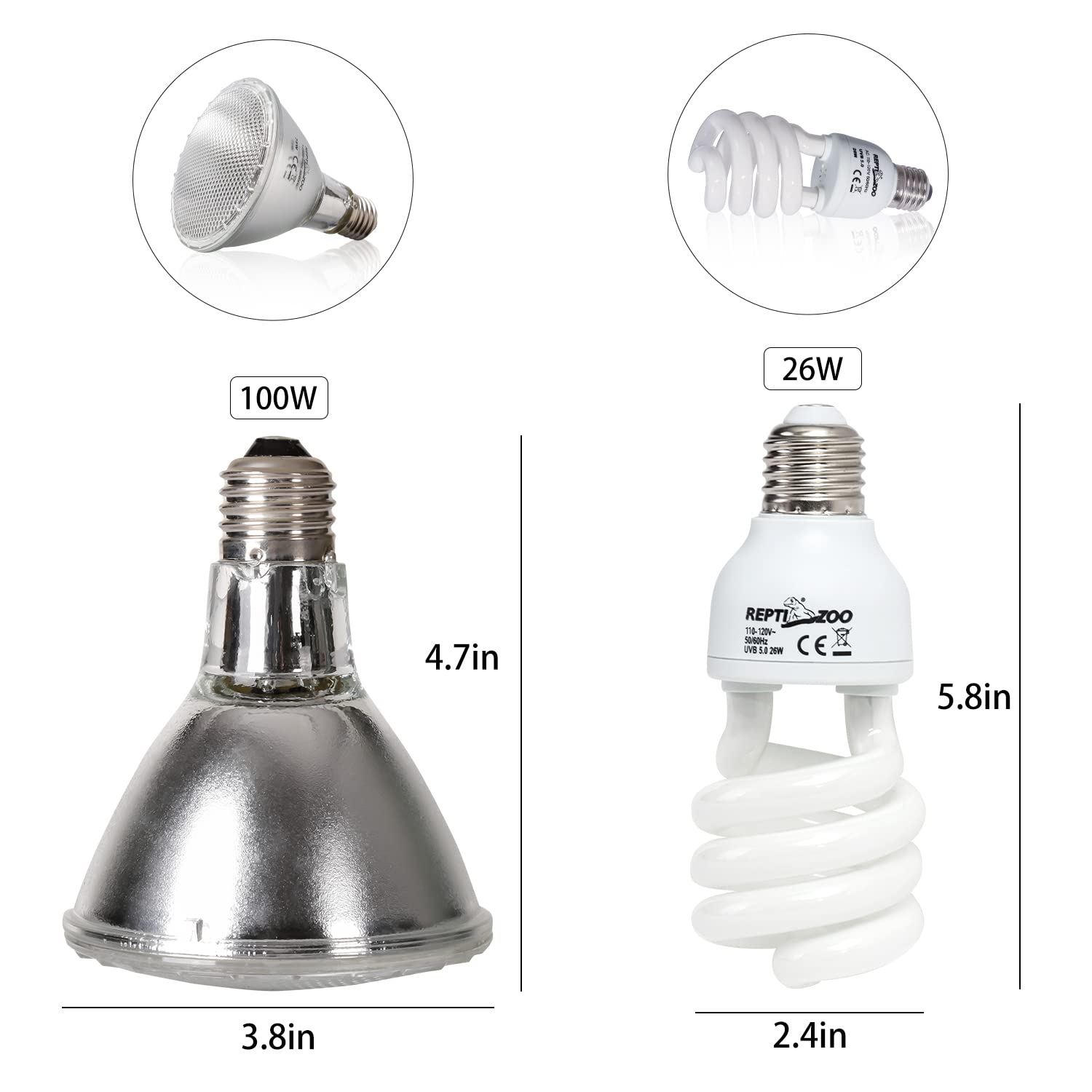 REPTI ZOO Reptile Heat Lamp Reptile Light Fixture Combo Pack, 100W UVA Turtle Basking Spot Lamp Reptile Heat Bulb & 26W UVA UVB Reptile Light Fluorescent UVB Bulb 5.0 - image 3
