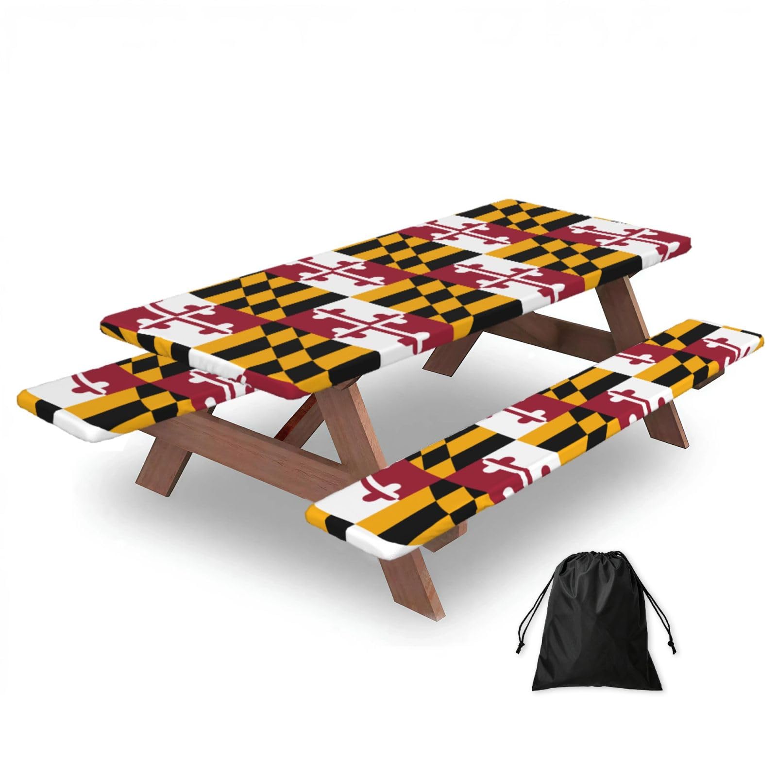 Hhbiuuo Black 72In Camping Table Cover & Bench Covers 3-Pack Set, Maryland State Flag Print Tablecloths, For Rectangle Tables Picnic