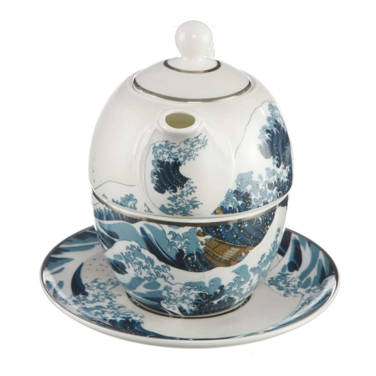 Goebel Die Welle Teekanne mit Untertasse, Tee Kanne, Kaffeekanne, Hokusai, Porzellan, 67013531