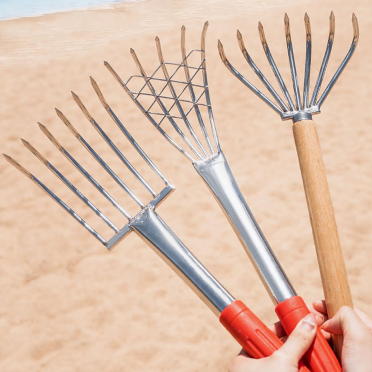 HOMSFOU Rastrello per Vongole in Acciaio Inossidabile con Rete, Artigli Affilati per Scavare Conchiglie e Frutti di Mare, Utensile Manuale da Spiaggia per Raccolta Telline e Molluschi,