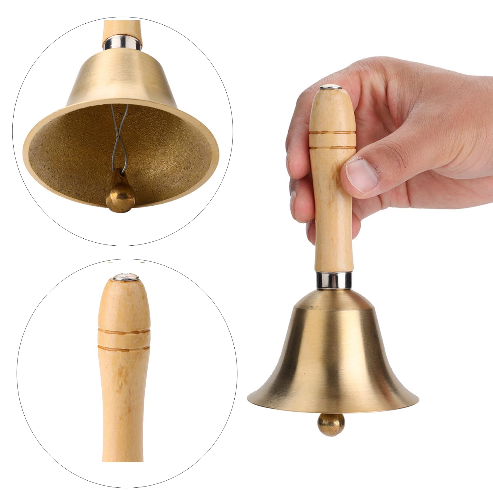 Cloche à Main En Cuivre Et Bois 15cm - Son Clair Pour École, Jeu Ou Service