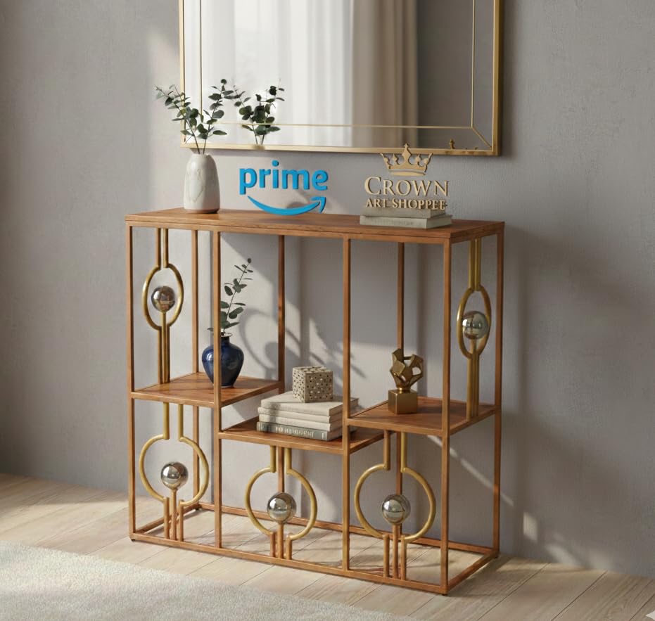 Image of Console Table with Storage, Modern Engineered Wood, Gold Metal Frame with Decorative Spheres, 30x30x7.5 Inch (Gold Brown)