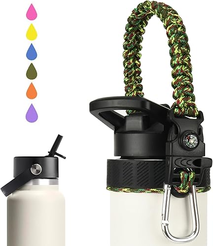 Paracord Handle for Hydro Flask Water Bottles Standard/Wide Mouth, Strap Holder with Safety Rubber Ring & Carabiner, Easy to Carry and Durable