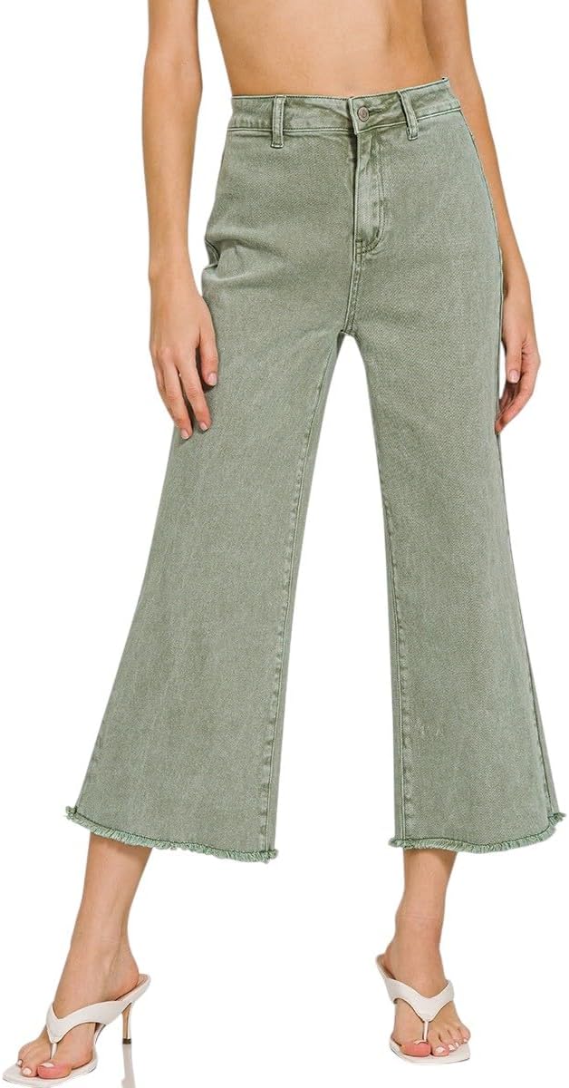 Zenana Colored Denim Wide Leg Cropped Frayed Hem Jeans