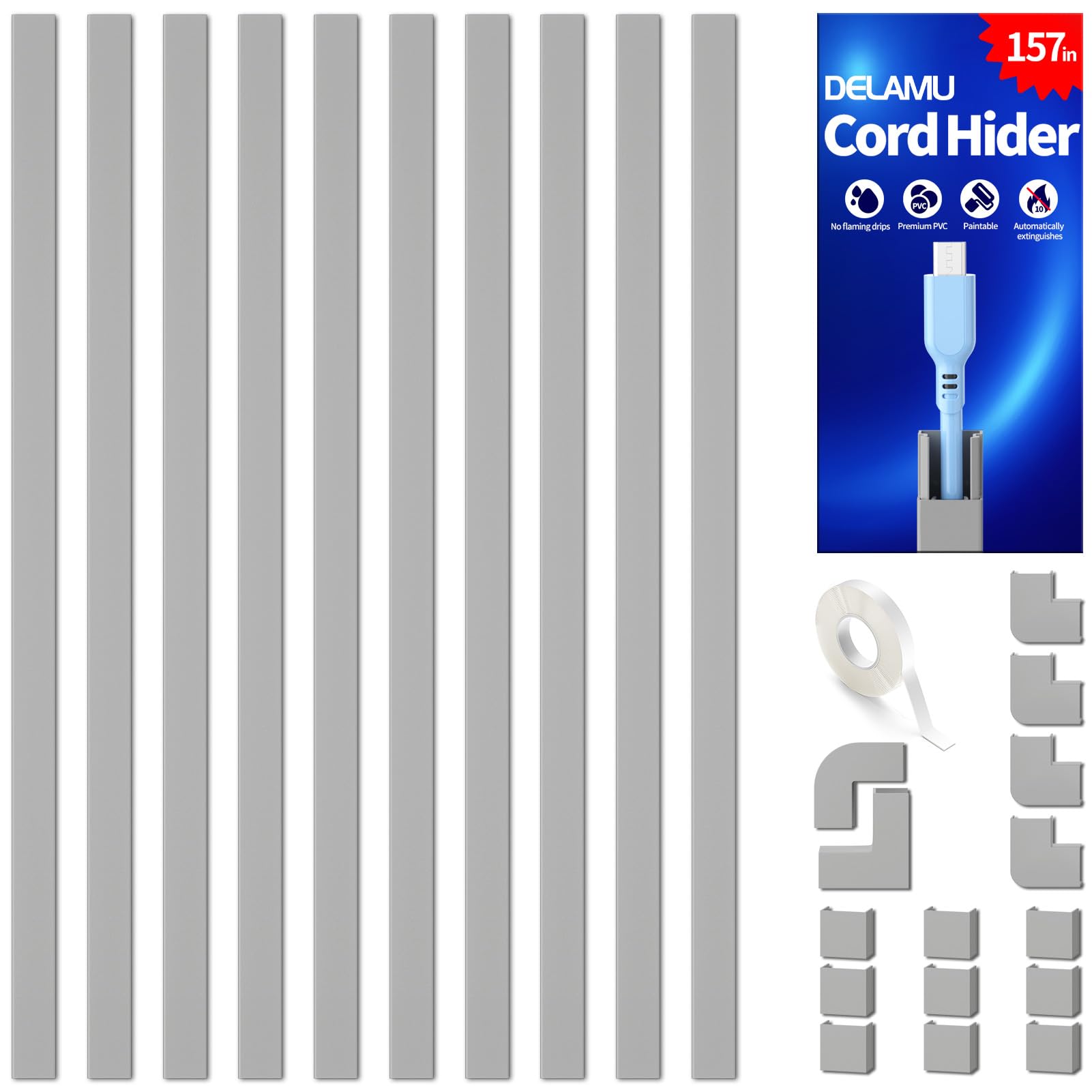 Delamu 157in Cord Covers for Wires on Wall, Cord Hider for 1 Cord, Paintable Cable Hider, Cable Management Wire Covers for Cords, W0.55 H0.4in, Grey