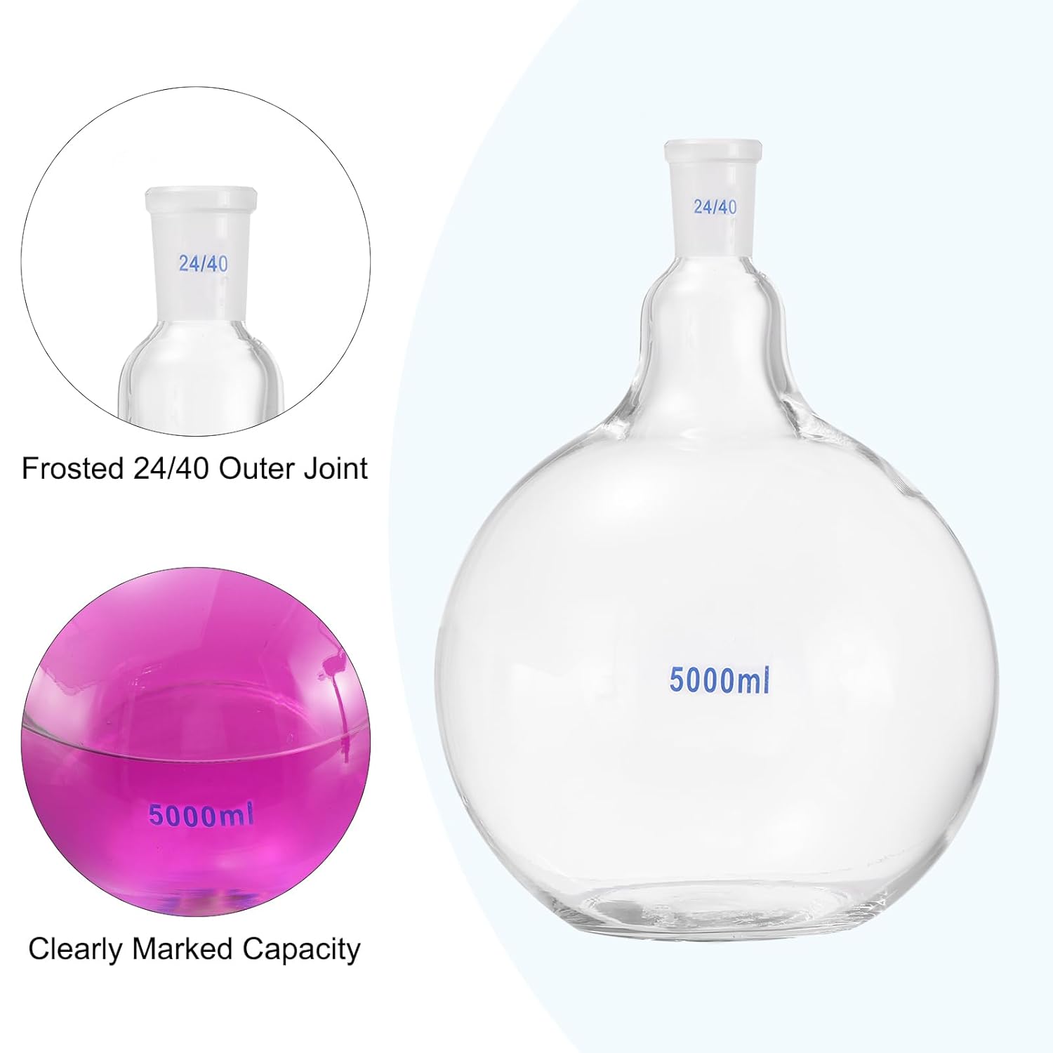 PATIKIL 5000ml Boiling Flask, 3.3 Borosilicate Glass Single Neck Flat Bottom Flask Heavy Wall with 24/40 Standard Taper Outer Joint for Laboratory, Clear