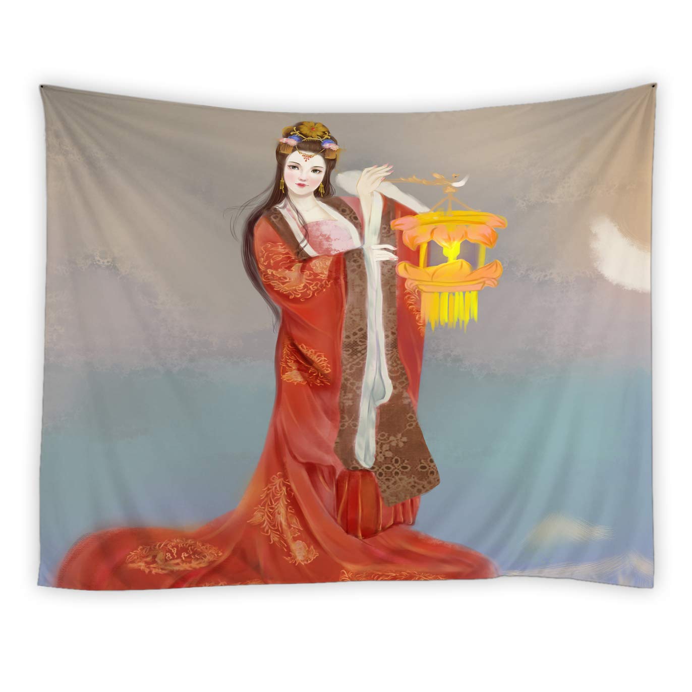 RAYLONZE Ancient Chinese Beauty Tapestry Red Costume Woman Wall Hanging Cartoon Woman with Lantern Home Decor for Bedroom Dorm Living Room Polyester Red Retro Fabric Tapestries 70x70 Inch