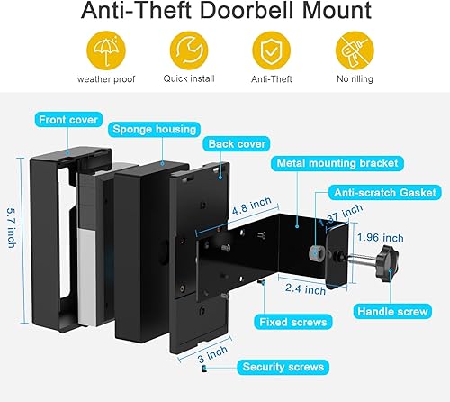 Miniatura 2 de Soporte de puerta antirrobo, soporte de montaje sin taladro para timbre de video 1233 Plus4(versión 2020), no bloquea el sensor de movimiento del