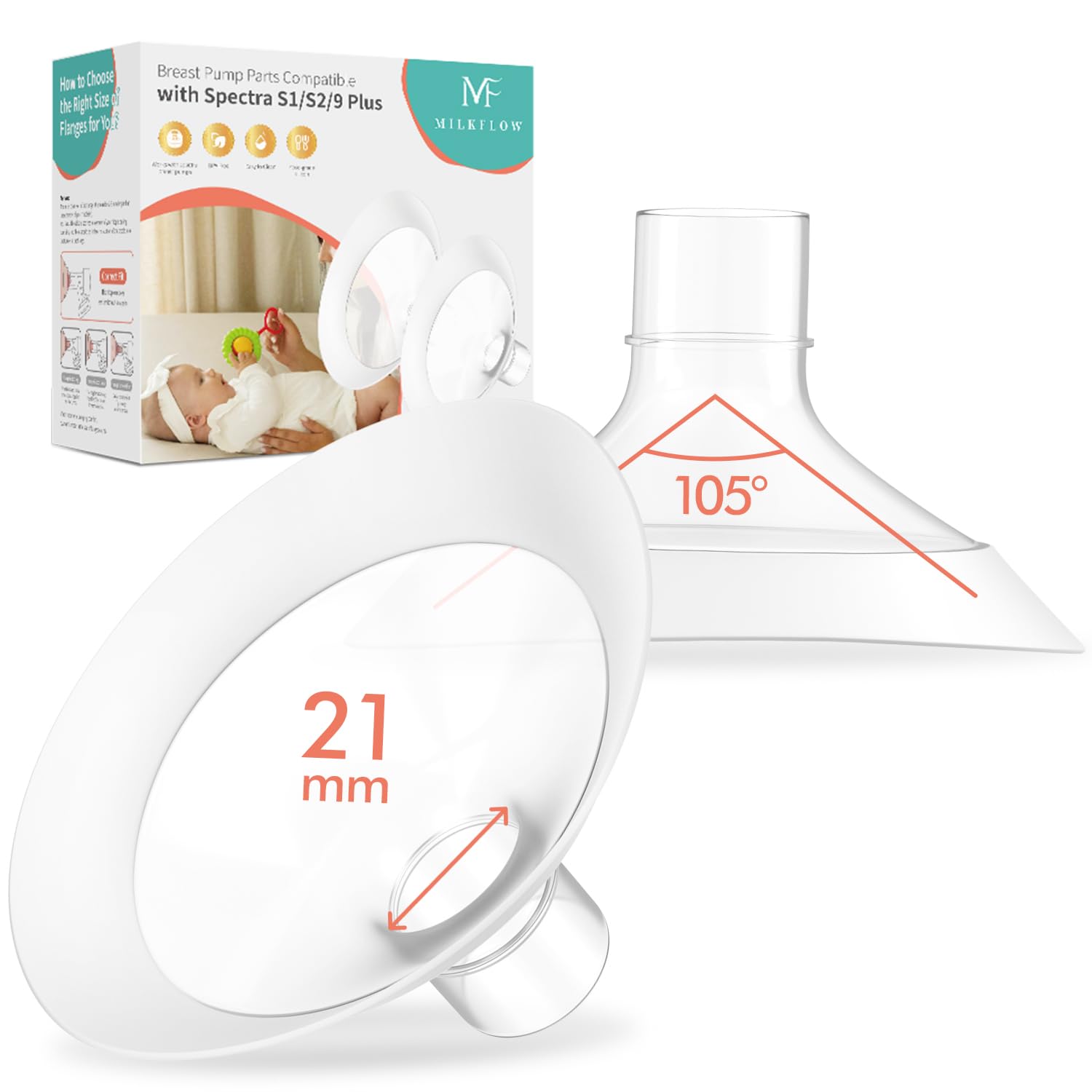 2pcs 21mm Breast Flanges for Medela Breast Pump 105° Wide Angle Soft Flex Rim, Compatible with Pump in Style, Symphony