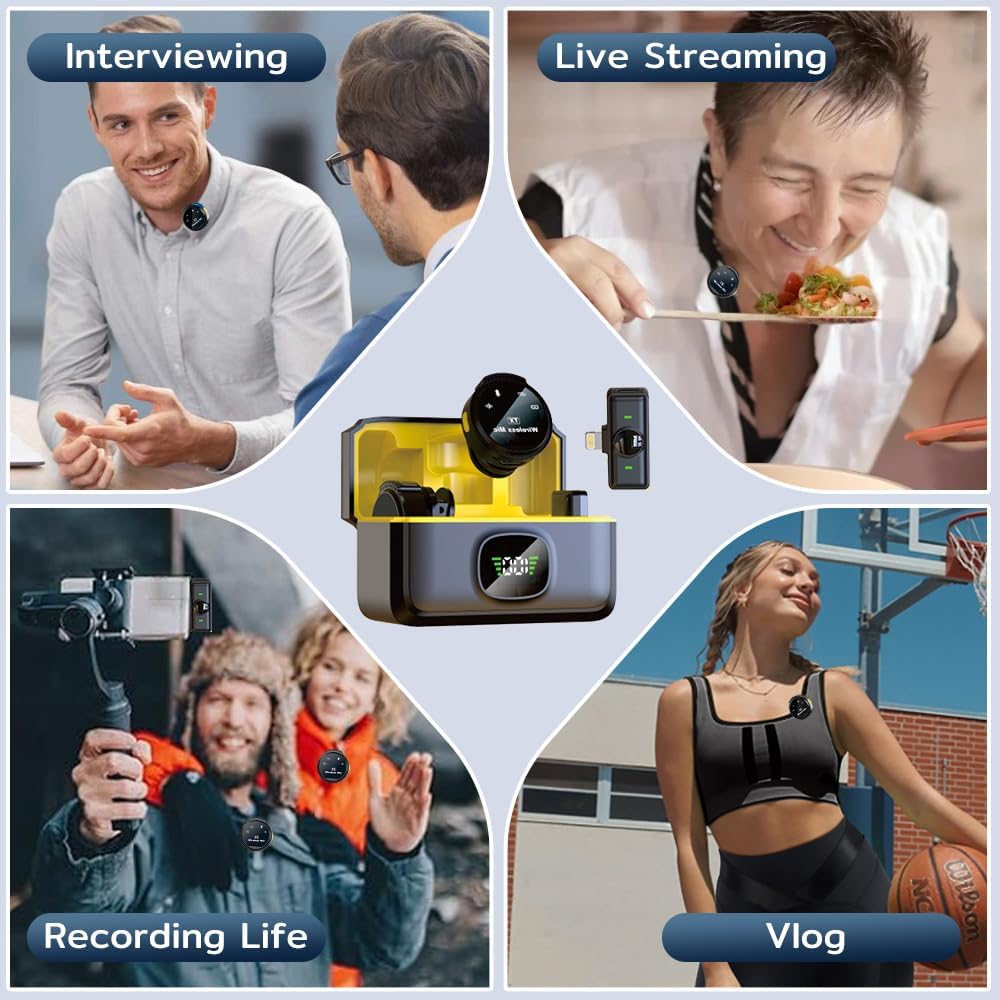 2pcs Wireless Lavalier Microphone,75mAh Battery 2.4GHz Portable Magnetic & 800mAh Charging Case for Video Recording,Live Streaming,Lightning Connector