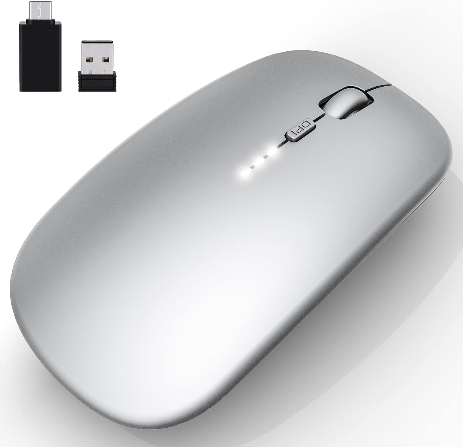 Rechargeable Wireless Mouse, 2.4Ghz Silent Computer Office Mouse, Portable Slim Optical Mouse with USB Receiver Type-C, 3-Level Adjustable DPI for Laptop, Computer, Notebook, PC (Silver)
