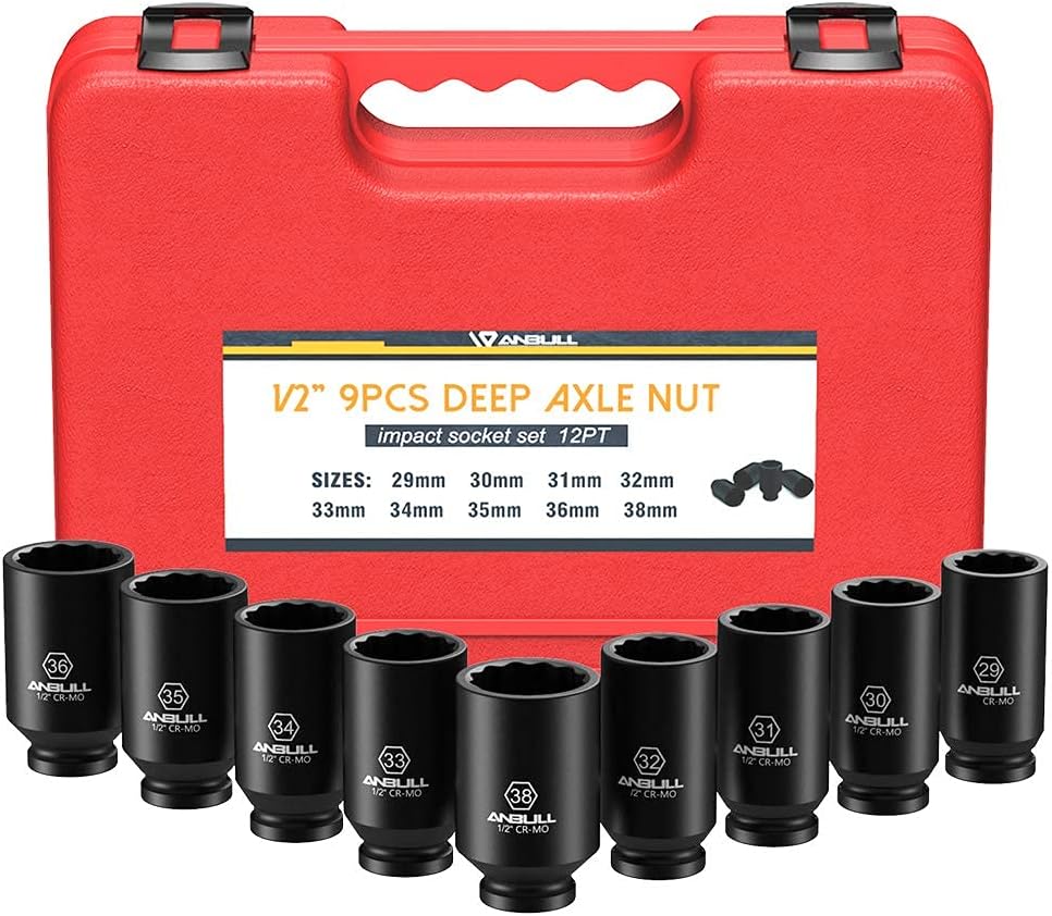 Anbull 1/2" 9 PCS Deep Axle nut Impact Socket Set, CR-Mo Steel, 12-Point Design, Metric Sizes(29, 30, 31, 32, 33, 34, 35, 36, 38mm)