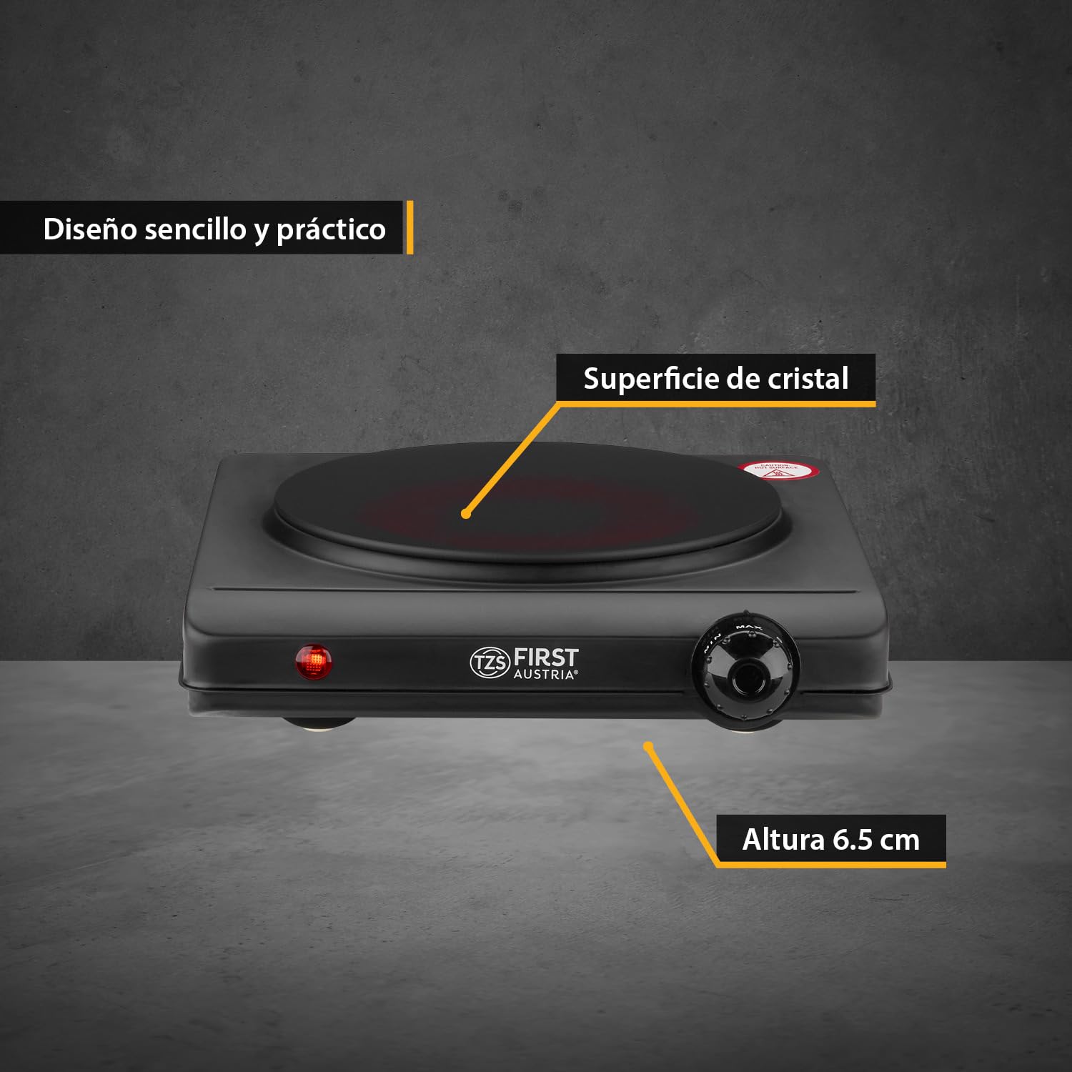 TZS First Austria - Placa de cocción vitrocerámica infrarroja TODOS los tipos de ollas 1250W - Mini hornillo eléctrico individual para mudanza, camping y hogar - Regulación continua y luz indicadora