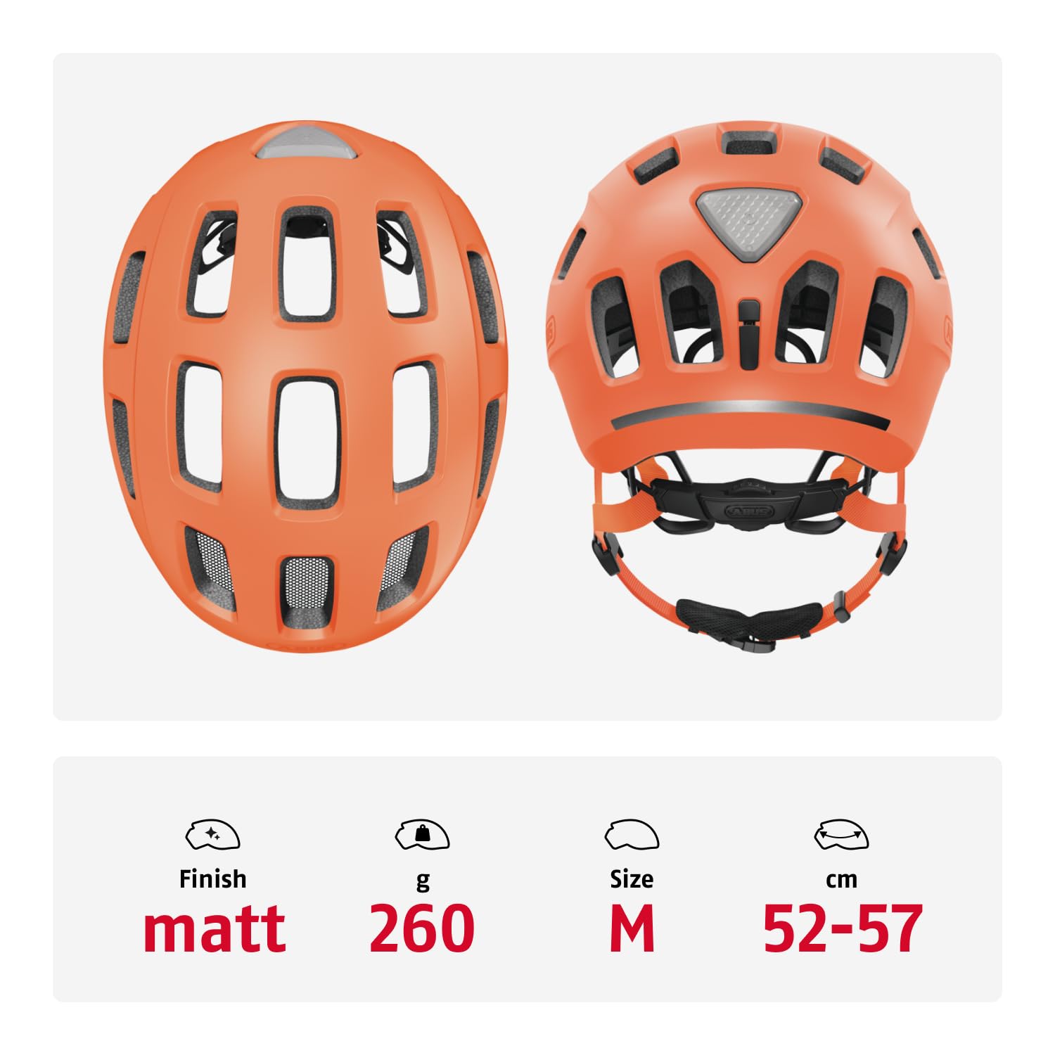 ABUS Casque Vélo Youn-I 2.0, mono orange, Taille M | Casque ville avec feu arrière LED, construction In-Mold, filet anti-insectes, ouverture queue-de-cheval