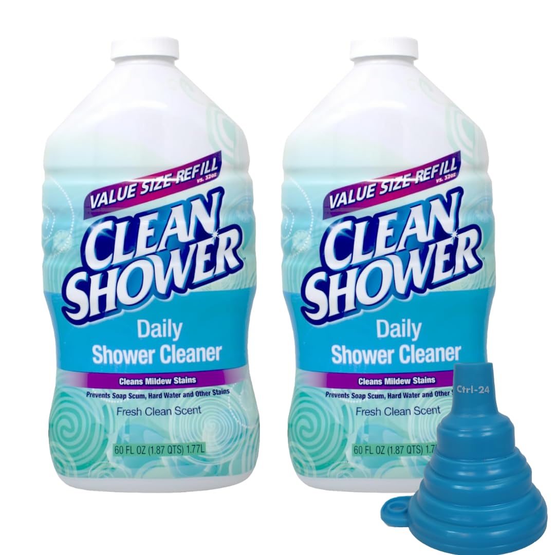 Clean Shower Daily Shower Refill 60oz (2 Pack) - Bundle Includes Collapsible Silicone Funnel and Microfiber Cloth - Easy Refilling and Drying