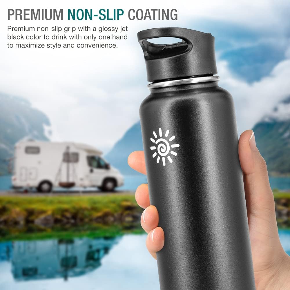 DIONE Water Bottle 40 oz. Flask Double Wall Stainless Steel & Vacuum Insulated (Black) Sport Hydro Container for Home, Office, School, Outdoor Camping (Standard Mouth / Leak Proof / BPA Free Cap) : Sports & Outdoors