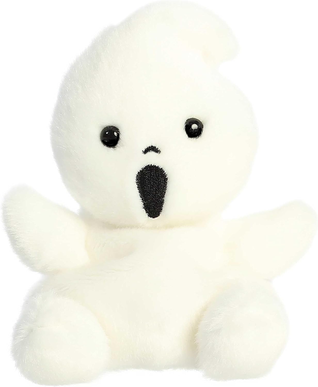 Front view of the Aurora Palm Pals Boo Ghost stuffed animal, a small white ghost plush with black eyes and an open mouth.