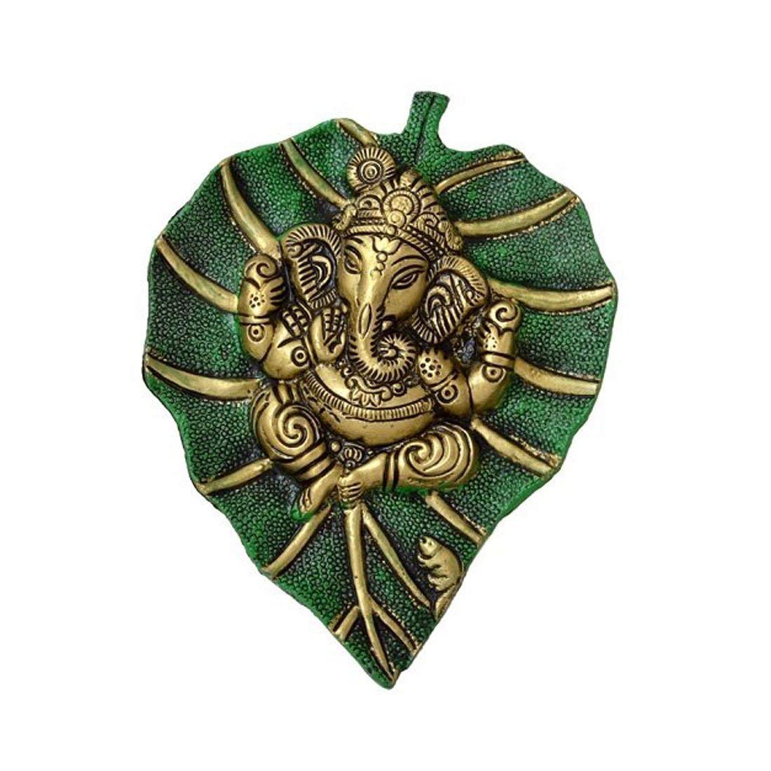 Whitewhale White Whale Lord Ganesh Ganapati The Elephant god Statue Figure on Leaf in Metal Wall Hanging Great Diwali