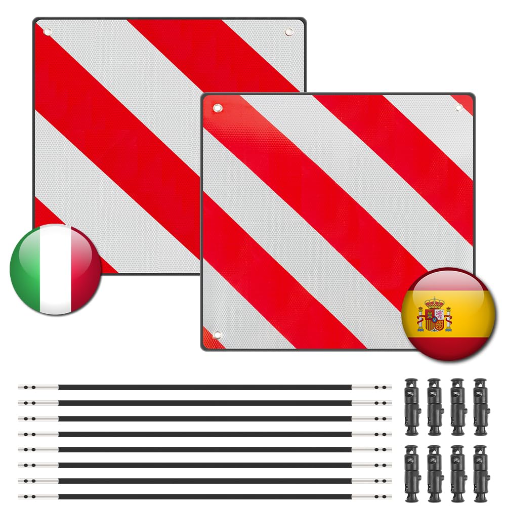 2 in1 Señal de Advertencia Italia y España, 2 Piezas Señal Reflectante de Advertencia Rojo y Blanco incluye 4 Tirones para Portabicicletas, Autocaravana, Caravana, Coche (50 x 50 cm)