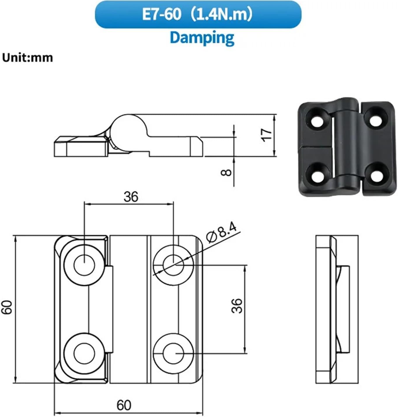 Zinc Alloy Square Damping Hinge Arbitrary Angle Positioning Type with Conical Hole Flat Torque Industrial Equipment 1Pcs(60-1.4N.m-Damped)