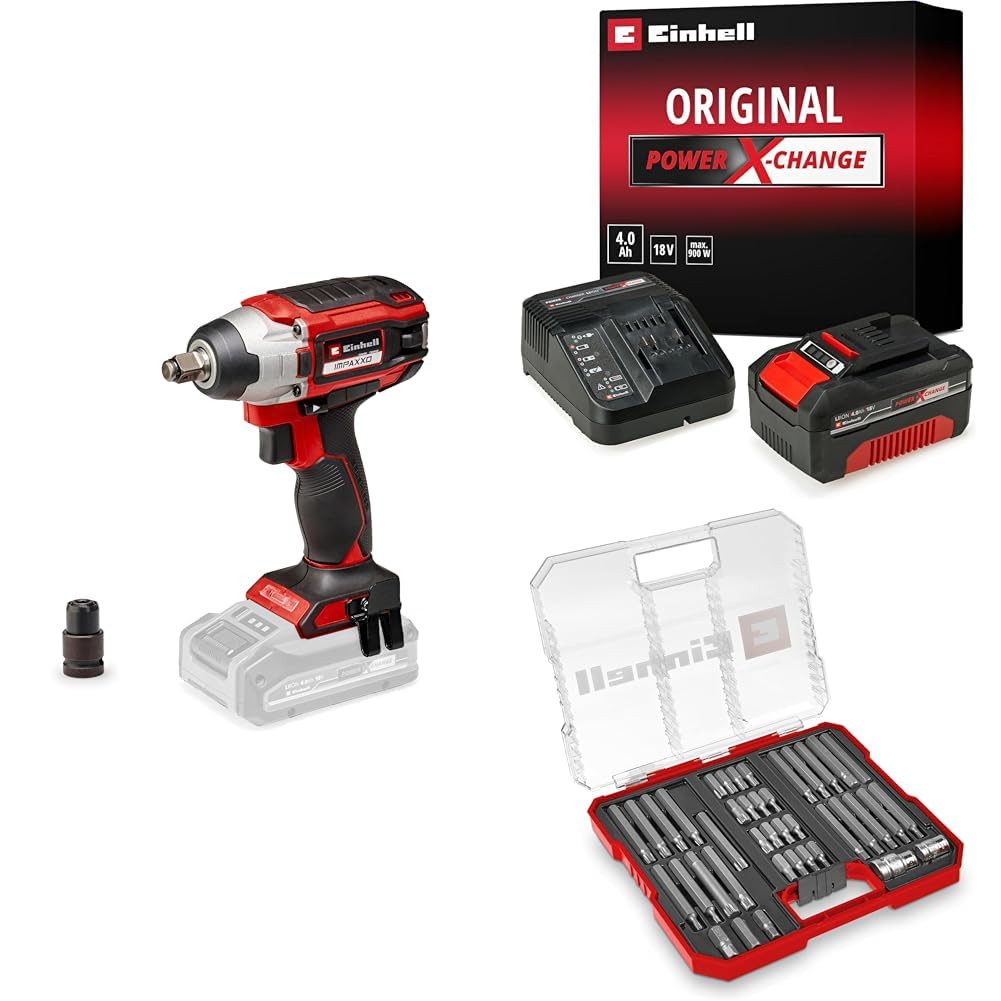 Einhell IMPAXXO 18/230 - Solo, Kömürsüz Akülü Darbeli Somun Sıkma + 18V 4,0 Ah PXC Starter Kit, Akü ve Şarj Cihazı + Bits uç seti 40 parça, M-CASE kutu