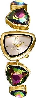 Avaner Womens Bracelet Wrist Watches Ladies Vintage Retro Colorful Rhinestones Triangular Gold Tone Elegant Analog Quartz Watch