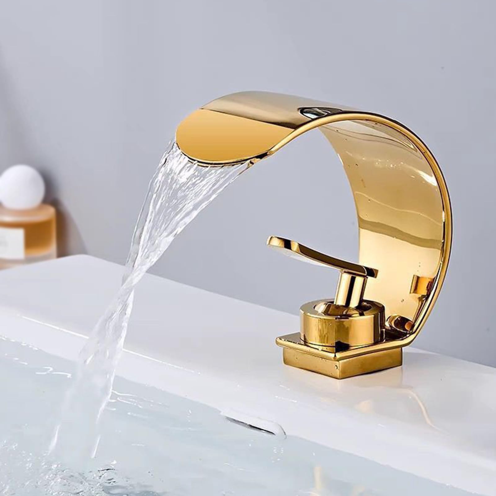ANVLOJRIH Basin Taps Mixer Waterfall Bathroom Sink Tap, Hot and Cold Brass Waterfall Bathroom Basin Mixer Tap for Washbasins Gold