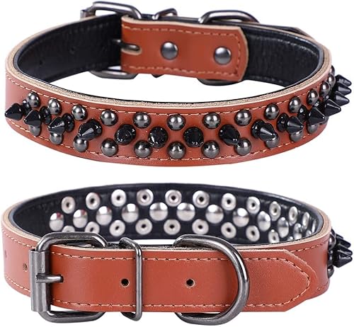 Miniatura 5 de haoyueer Collares ajustables de cuero genuino con tachuelas para perros pequeños, medianos y grandes, como Pit Bull Bulldog Pugs Husky (M, azul