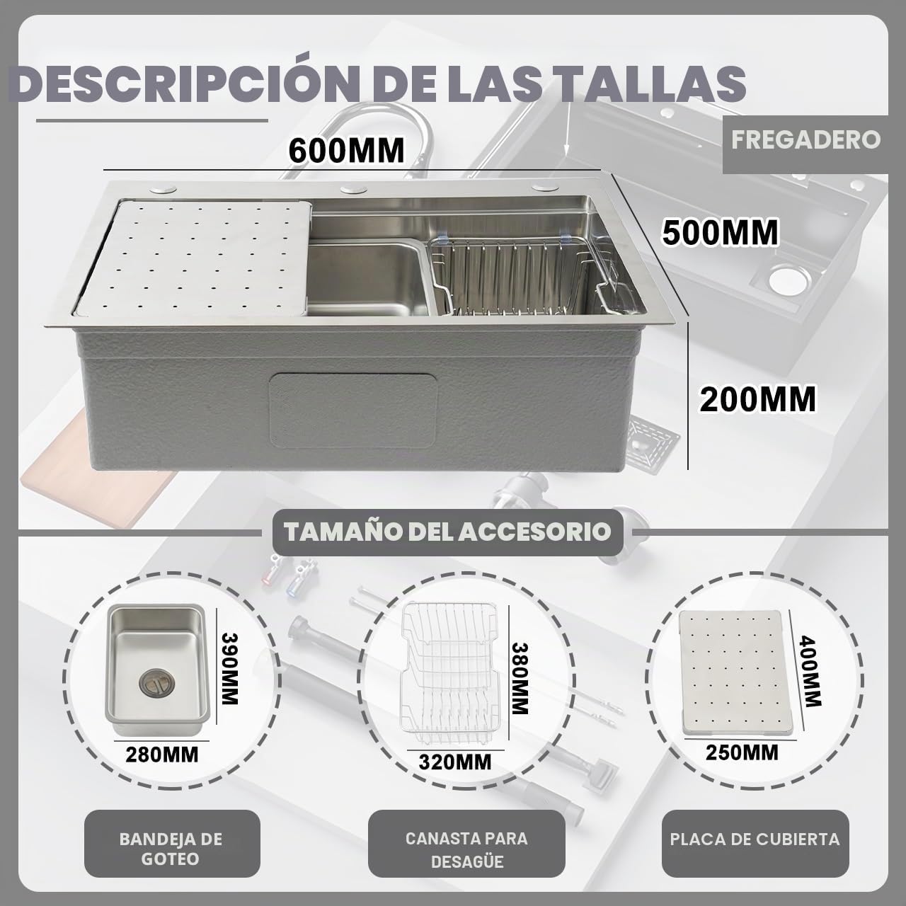 60x50cm Fregadero Cocina 1 Seno, Grande Acero Inoxidable 50cm de ancho Fregadero sobre Encimera, Cuadrado Fregaderos Un Seno con 3 agujeros, Sifón, Dispensador de Jabón y Juego de Desagüe