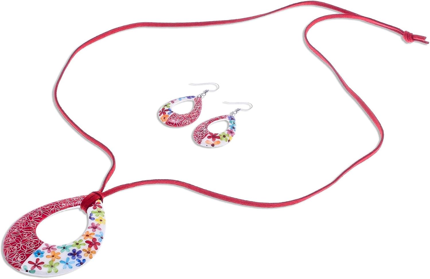NOVICA Artisan Handmade Ceramic Jewelry Set Floral Crafted in Thailand Multicolor Pendant Painted [necklace Length 15.75 in min L x 27.5 in max L Necklace Width 3 mm W Pendant(s) 2.8 in L X]