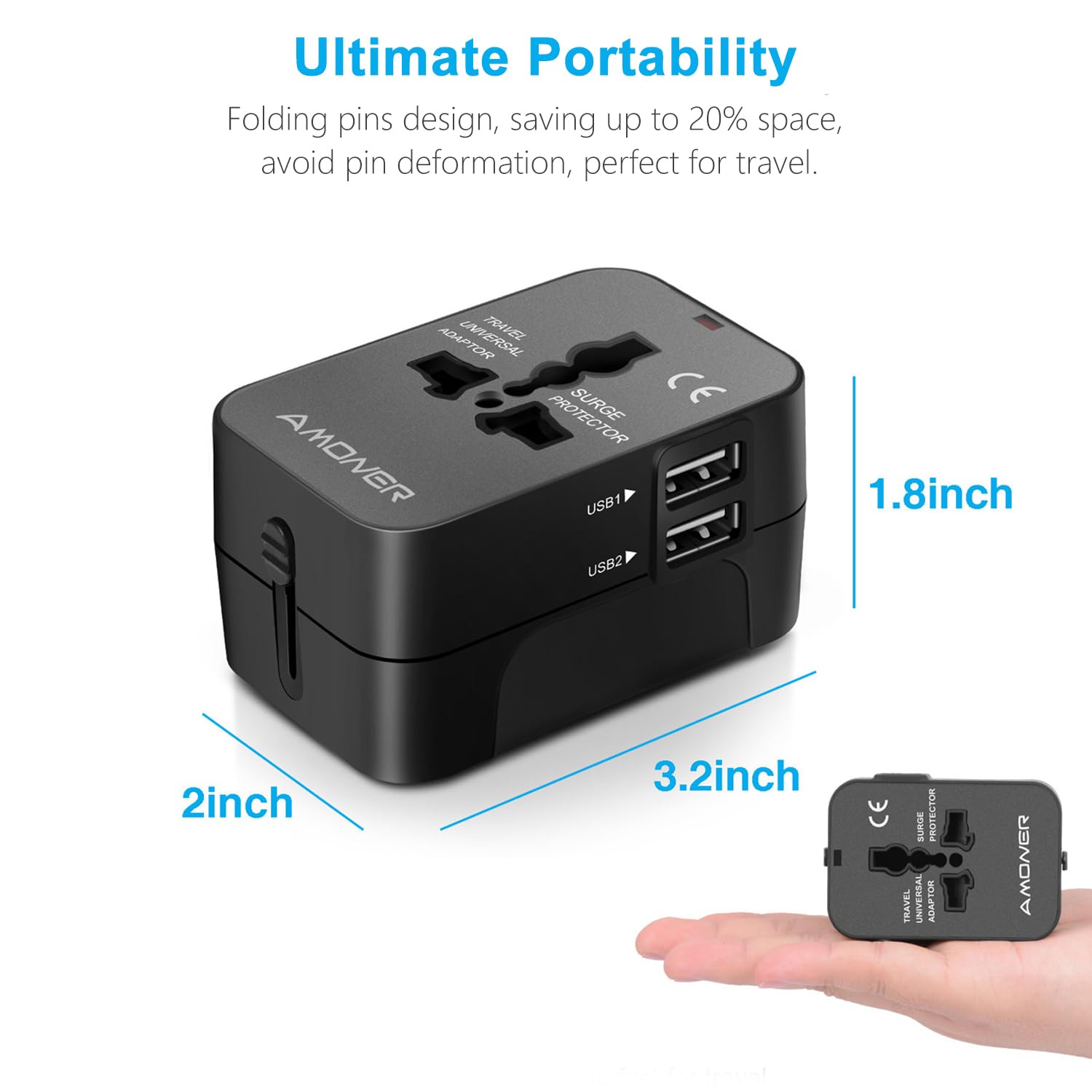 Adattatore da Viaggio, Amoner Adattatore da Viaggio Universale con 2 Porte Caricabatterie USB Adatto per più di 180 paesi (Nero)
