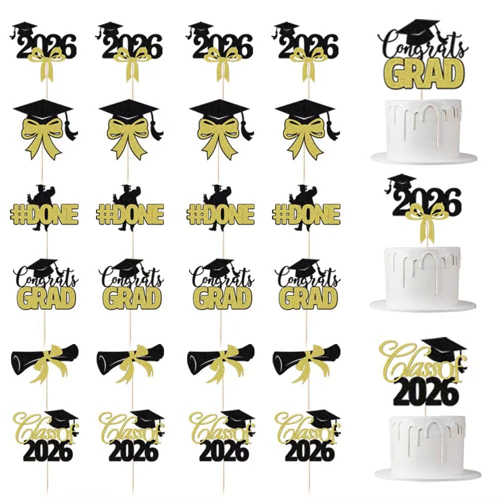 Leetaivie 24 Pcs Graduation Cupcake Topper, Congrats Grad Decorations, Class of 2026 Cupcake Topper Graduate Cake Decorations, Senior High School College Grad Celebrations Party Decor Supplies(24pcs)