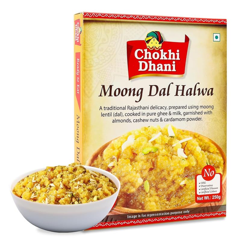 Image of Chokhi Dhani Moong Dal Halwa, Ready to Eat Indian Dessert, Instant Sweet Premix, Just Heat and Eat Traditional Mithai (Pack of 1, 250g)