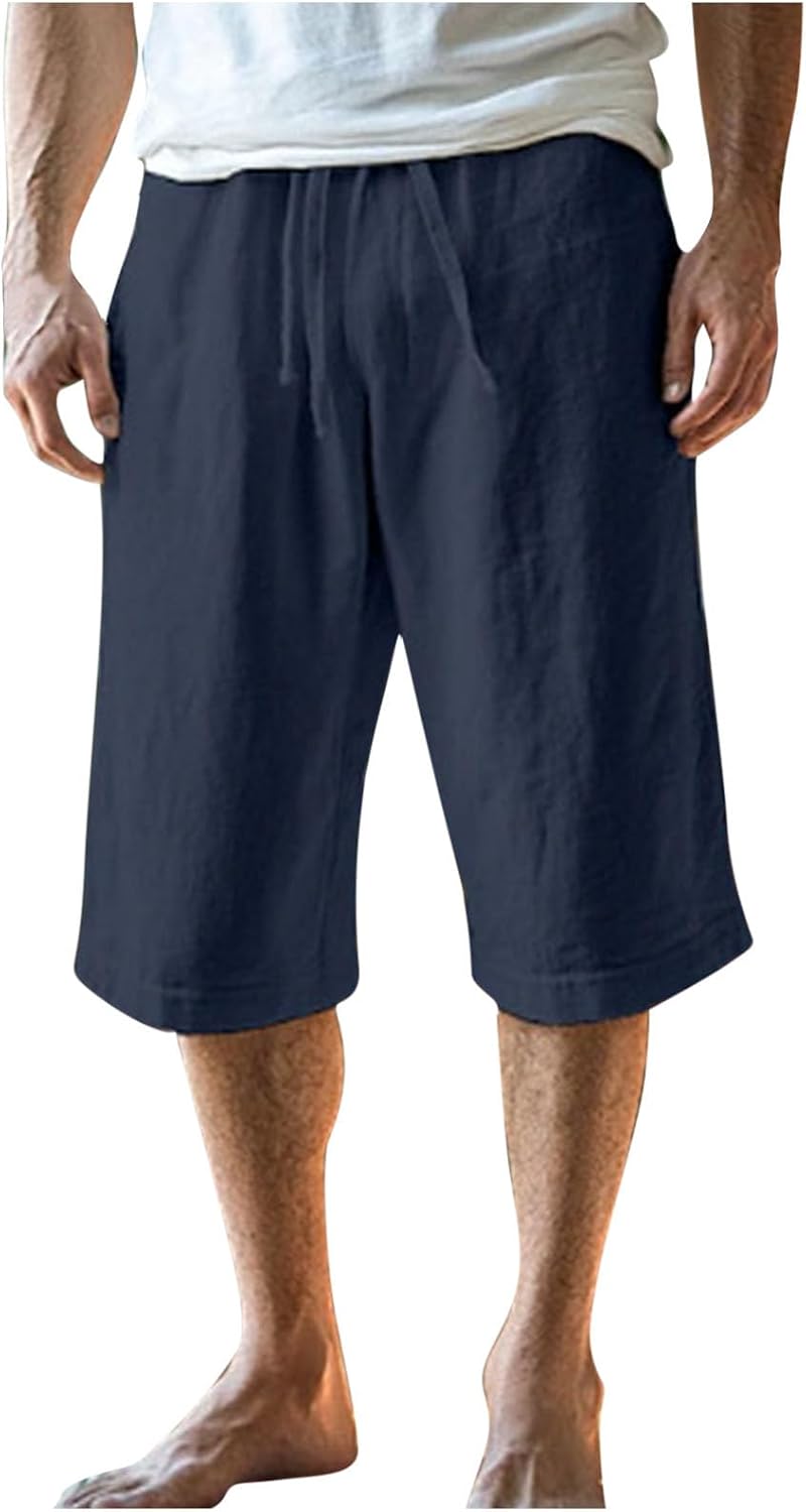 Summer Beach Capri Pants for Men Elastic Waist Drawstring Joggers Casual Vacation Cropped Trousers with Pockets