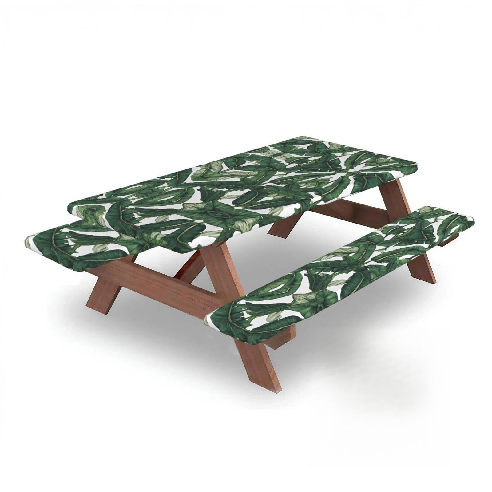 ESNAIUVCD Tropical Banana Palm Leaves Print Picnic Table Cover With Bench Covers,Camping Essentials,Fitted Tablecloth Cover With Elastic Edge, For Indoor & Outdoor 3 Pcs