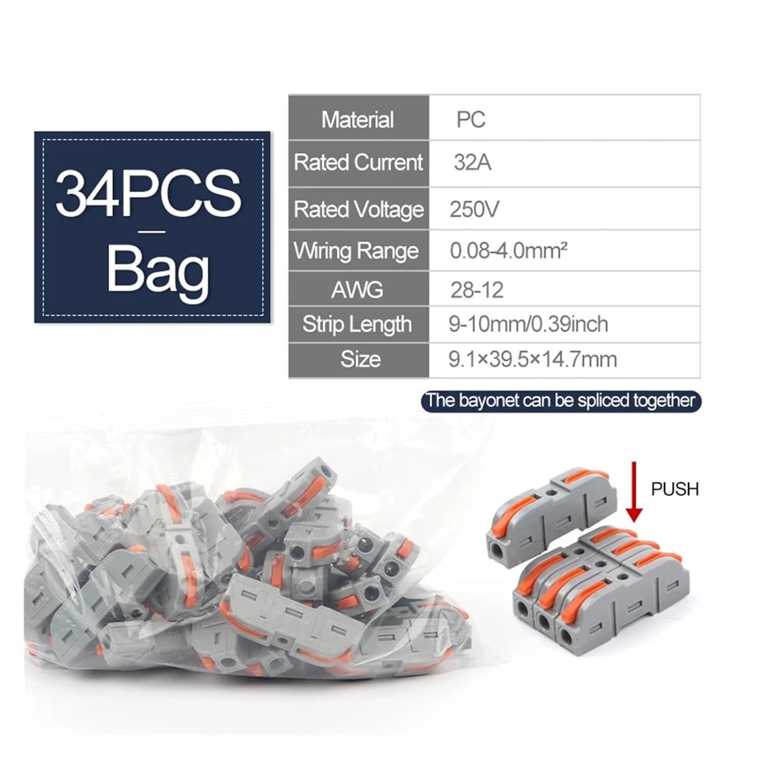 Quick Multi-Circuit Splicing Butt Wire Connector Terminal Block Compact Electrical Connectors Home Junction Box(34PCS)