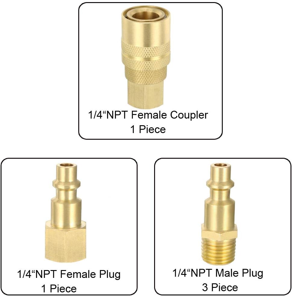uxcell High-Flow Plug Assortment, Brass Quick Coupler Plug Air Hose Fitting Quick-Connect Fitting, 1/4" NPT 5pcs