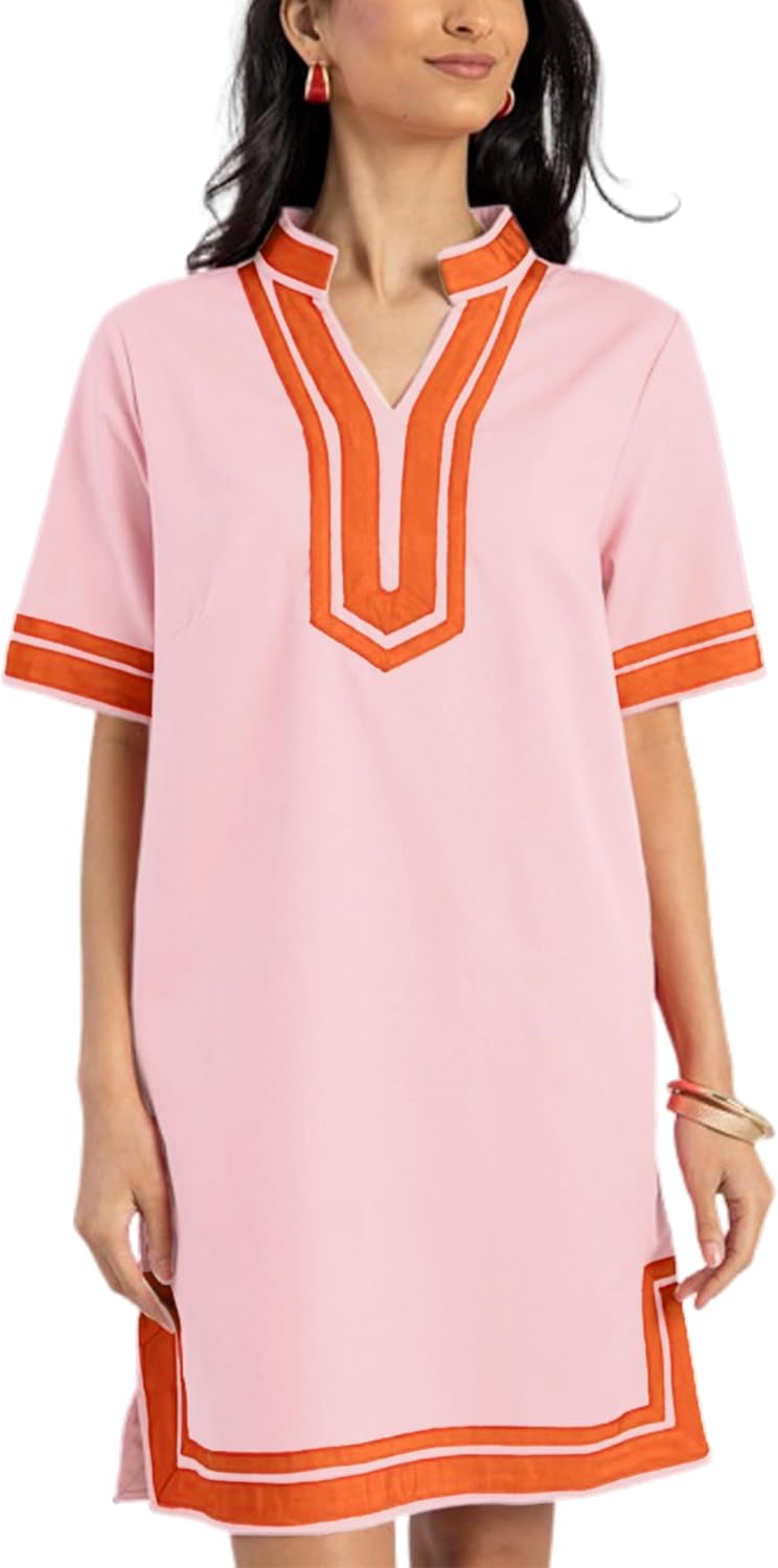 QIBABU Linen Dress for Women Color Block Swimsuit Coverup Casual Shirt Dress with Pockets