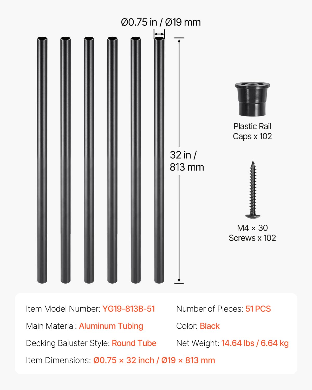 VEVOR Aluminum Deck Balusters 51 Pack 32" 3/4" Matte Black - Waterproof Round Hollow Spindles with Rail Caps & Screws, for Stairs Porch Patio Railing